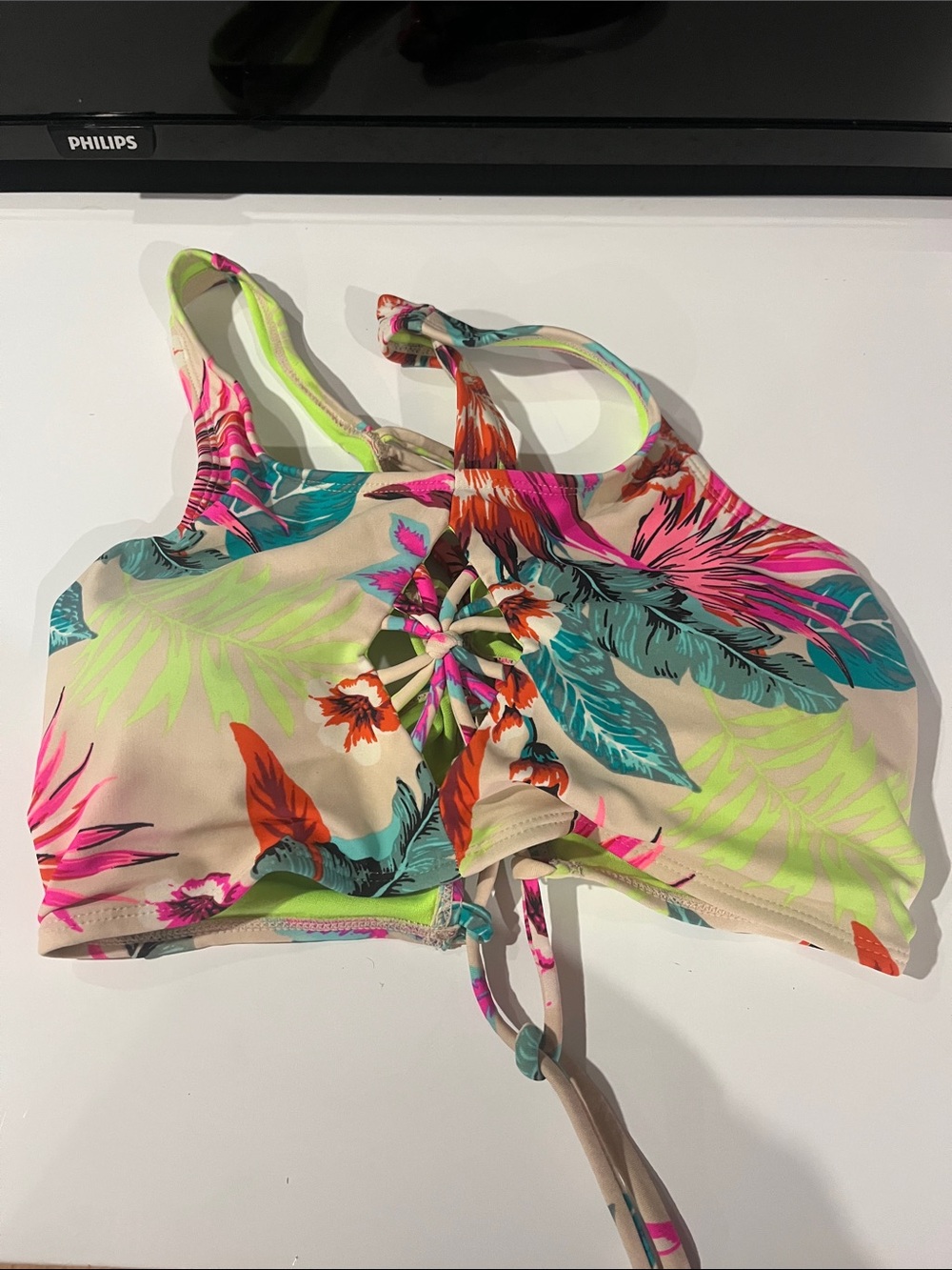Xhilaration Beige High-Neck Floral Swim Top with Neon Accents